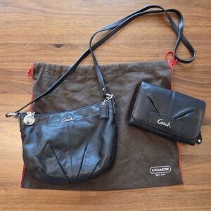 Coach Black Leather Crossbody Bag + Trifold Wallet + Dust Bag, Script Logo